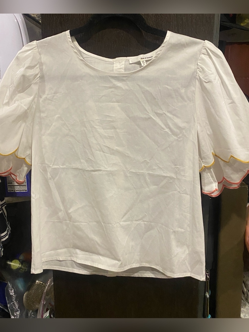 june & hudson White Puff-Sleeve Blouse with Scallop Trim